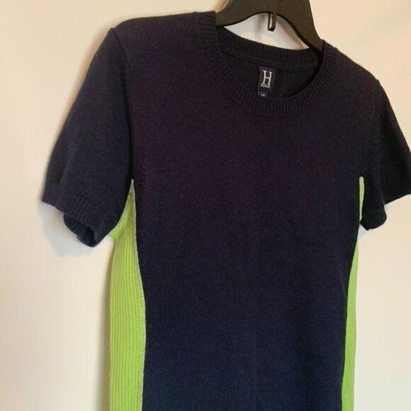 Vintage H Hilfiger Angora Navy and Lime Short Sleeve Sweater - Picture 2 of 6